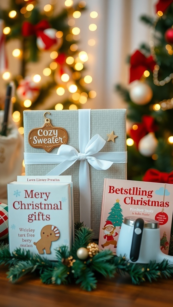 Four Christmas gifts representing the Four Gift Rule: a wrapped present, a sweater, a book, and a kitchen gadget.